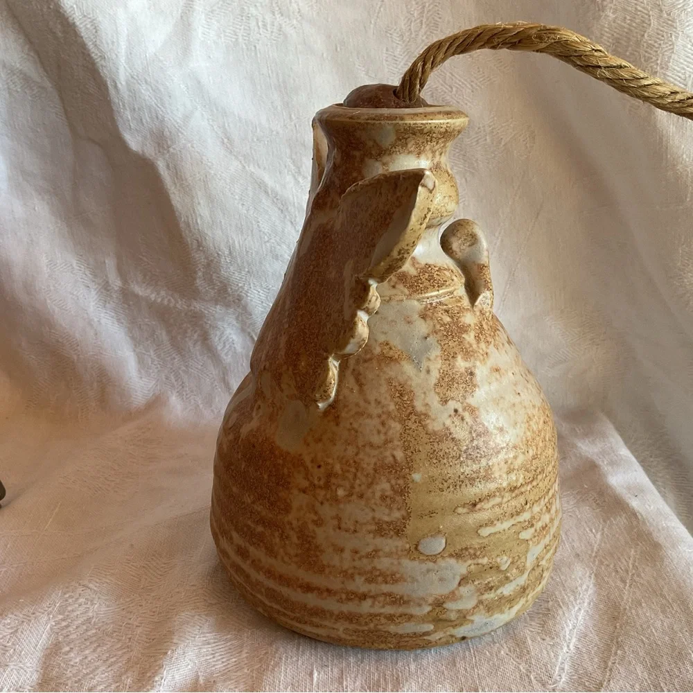 pottery angel oil lamp W/Original wick glazed in earthy brown tones Signed